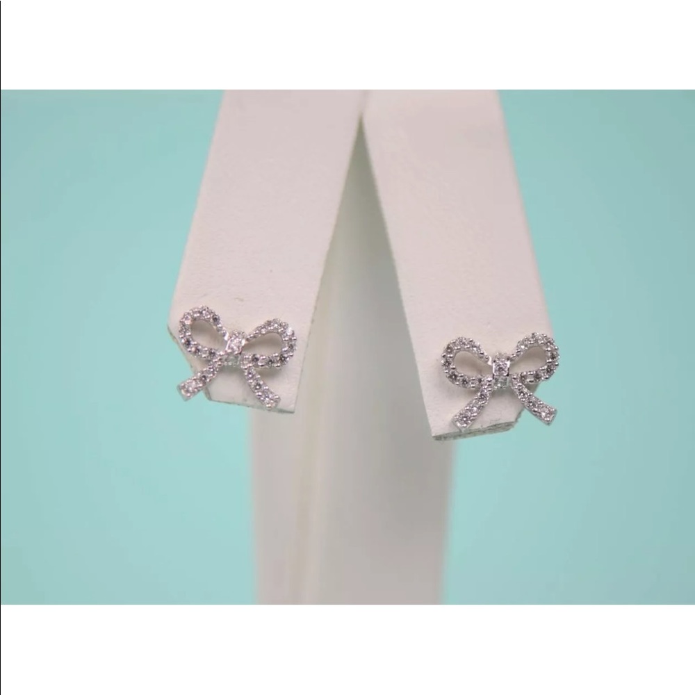 14K White or Yellow Solid Gold CZ Bow Earrings - Picture 3 of 3